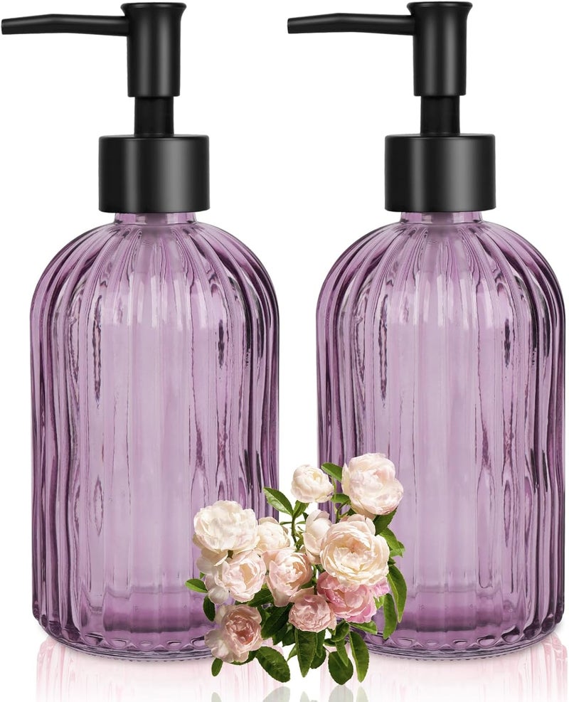 Ulable Glass Soap Dispenser with Plastic Pump, Hand Soap Dispenser for Hand Wash, Lotion Dispenser for Dishwashing Liquid, Lotion Shower Gel (Striped Purple) - Image 1